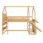 Letto a soppalco singolo a forma di casetta con scivolo, libreria e scaletta convertibile, Beige / Nero / Naturale