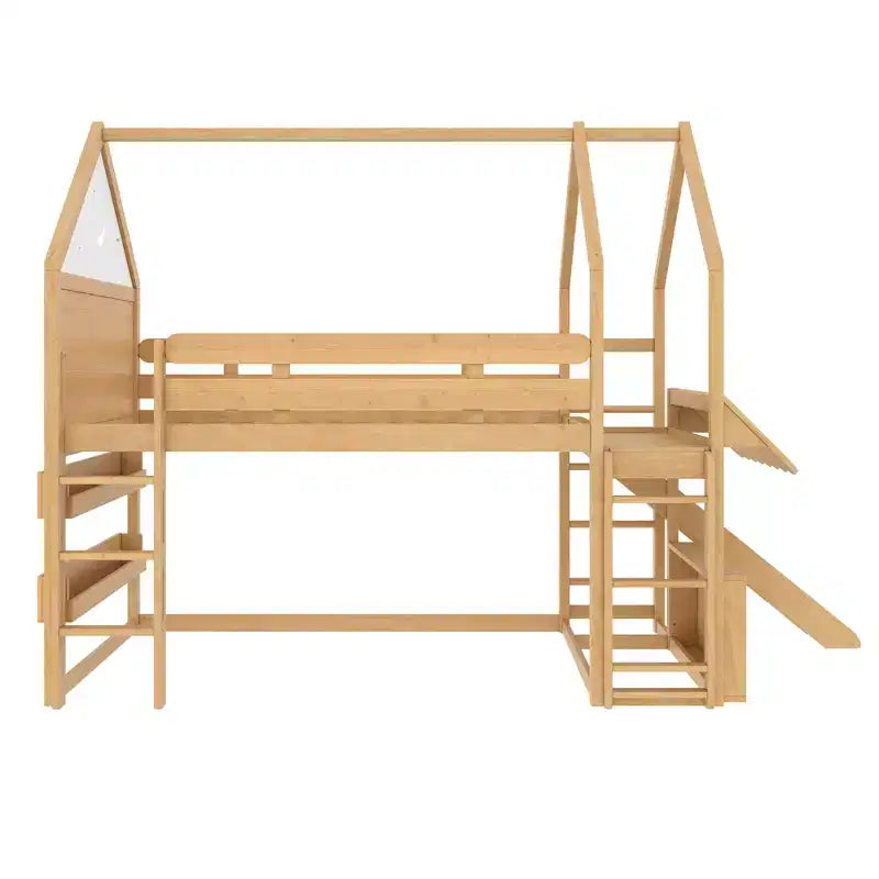 Letto a soppalco singolo a forma di casetta con scivolo, libreria e scaletta convertibile, Beige / Nero / Naturale