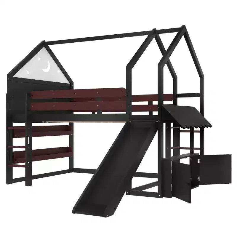 Letto a soppalco singolo a forma di casetta con scivolo, libreria e scaletta convertibile, Beige / Nero / Naturale