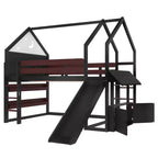 Letto a soppalco singolo a forma di casetta con scivolo, libreria e scaletta convertibile, Beige / Nero / Naturale