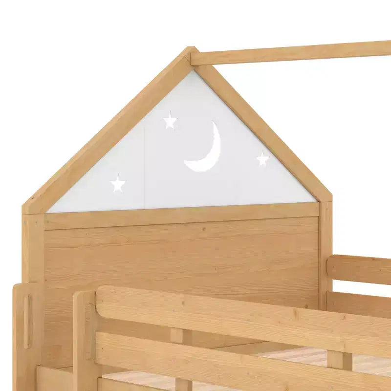 Letto a soppalco singolo a forma di casetta con scivolo, libreria e scaletta convertibile, Beige / Nero / Naturale