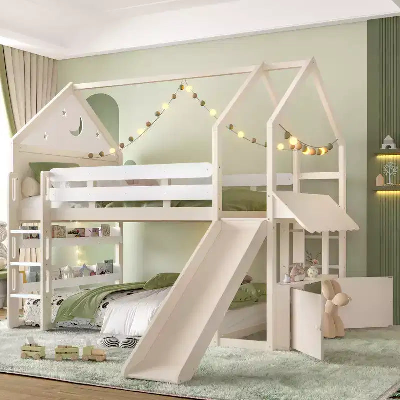 Letto a soppalco singolo a forma di casetta con scivolo, libreria e scaletta convertibile, Beige / Nero / Naturale