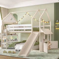 Letto a soppalco singolo a forma di casetta con scivolo, libreria e scaletta convertibile, Beige / Nero / Naturale