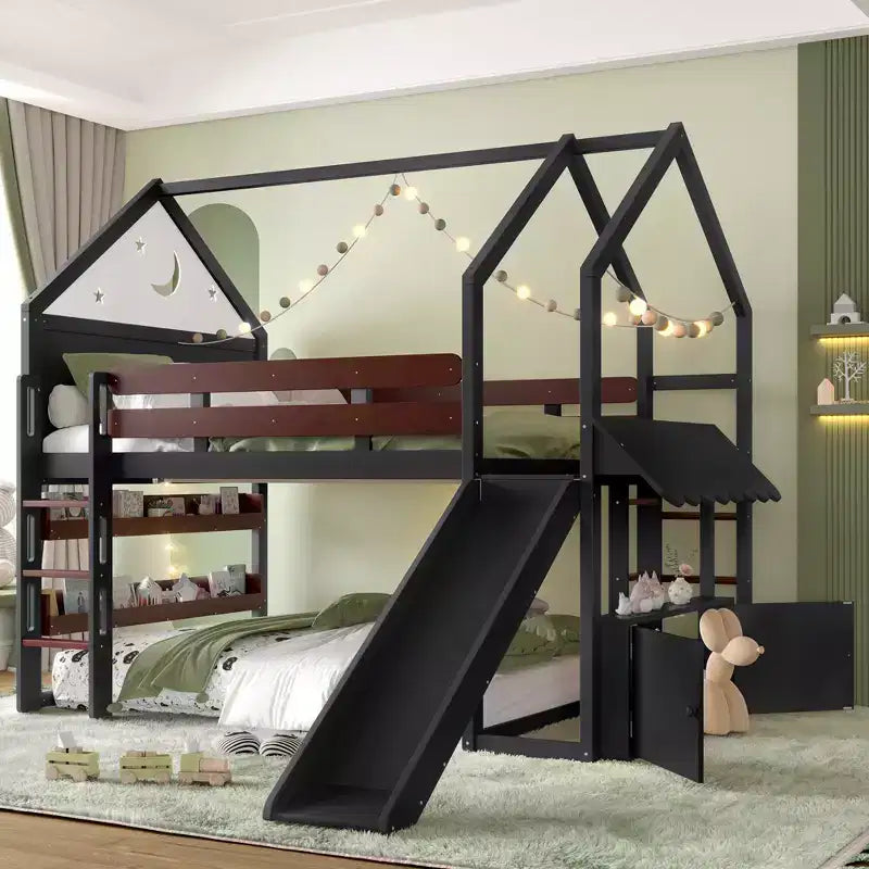 Letto a soppalco singolo a forma di casetta con scivolo, libreria e scaletta convertibile, Beige / Nero / Naturale